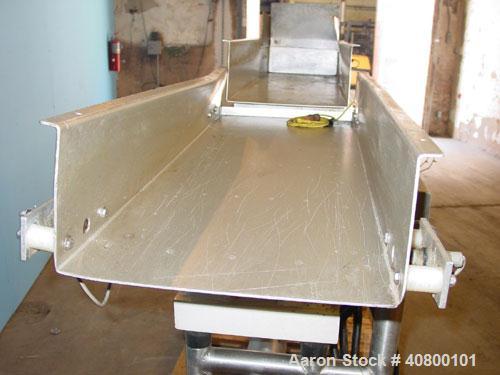 Used Allen 2 Section Vibratory Conveyor, stainless steel. (1) 13 1/2" wide x 45" long x 6" deep conveyor, model D25593, type FC, serial# CON12850. (1) 15 3/4" wide x 42" long x 6" deep conveyor, mode...