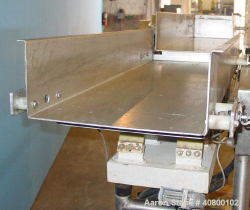 Used Allen 2 Section Vibratory Conveyor, Stainless Steel. (1) 13-1/2'' Wide x 45'' long x 6'' deep conveyor, model D25593, type FC, serial #CON12850. (1) 15 3/4'' wide x 42'' long x 6'' deep conveyor...