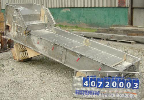 Used Carrier Vibratory Feeder/Screener, Model FCV36140S5/16, 304 Stainless Steel. 34 5/8" wide x 84" long screen area. 5/32'' stroke, (2) removable screens, single deck, 2 total separations. Driven b...