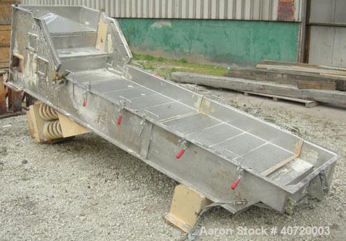 Used Carrier Vibratory Feeder/Screener, Model FCV36140S5/16, 304 Stainless Steel. 34 5/8" wide x 84" long screen area. 5/32'' stroke, (2) removable screens, single deck, 2 total separations. Driven b...