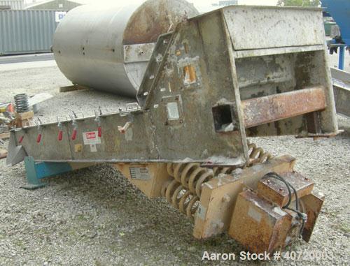 Used Carrier Vibratory Feeder/Screener, Model FCV36140S5/16, 304 Stainless Steel. 34 5/8" wide x 84" long screen area. 5/32'' stroke, (2) removable screens, single deck, 2 total separations. Driven b...