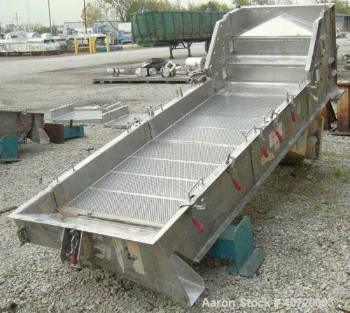 Used Carrier Vibratory Feeder/Screener, Model FCV36140S5/16, 304 Stainless Steel. 34 5/8" wide x 84" long screen area. 5/32'' stroke, (2) removable screens, single deck, 2 total separations. Driven b...