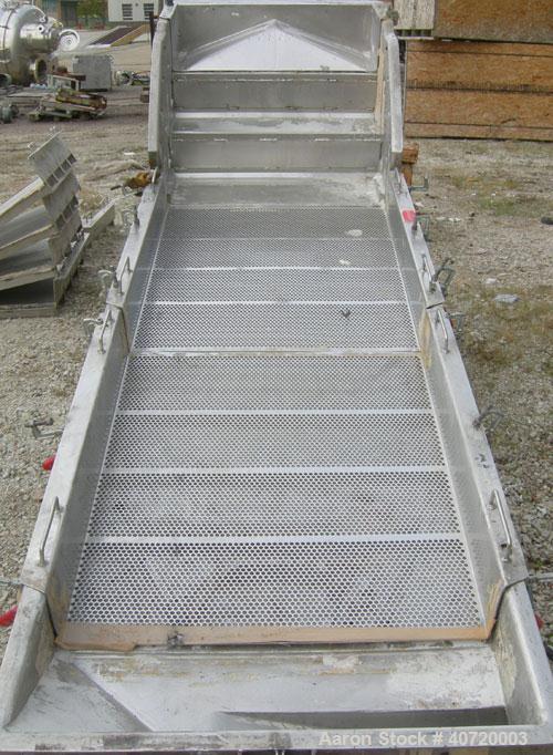 Used Carrier Vibratory Feeder/Screener, Model FCV36140S5/16, 304 Stainless Steel. 34 5/8" wide x 84" long screen area. 5/32'' stroke, (2) removable screens, single deck, 2 total separations. Driven b...