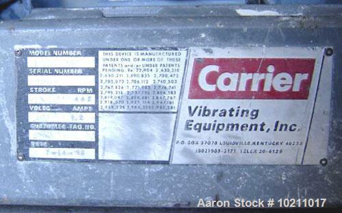 Used 24" Wide x 8'3" Long x 6" High Stainless Carrier Vibrating Conveyor, Model IM2460S9. 24" wide x 8'3" long x 6" deep tray. All stainless steel. Stroke 13/16", rpm 442, date of manufacture 7/14/98...
