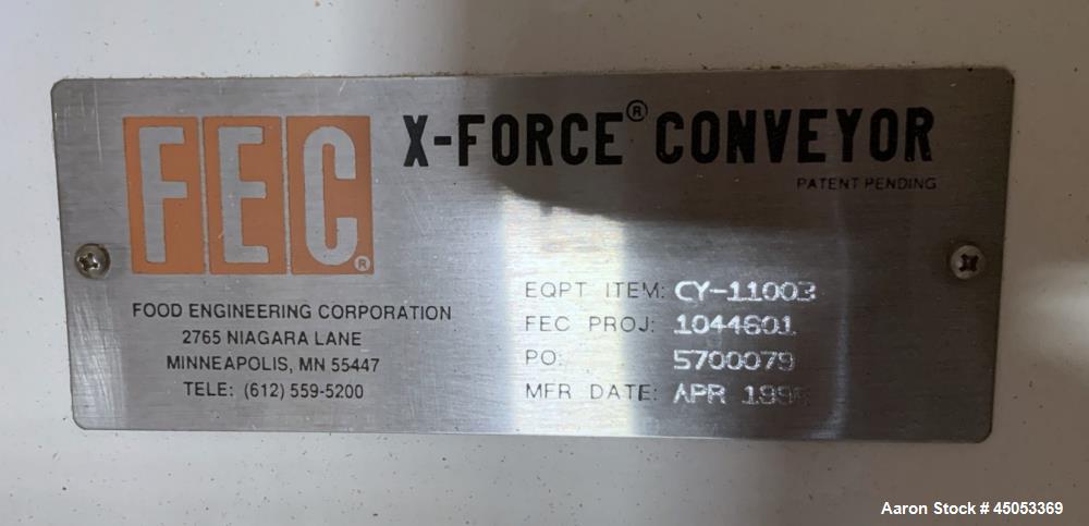 Unused- FEC Food Engineering Corp X-Force Horzonital Motion Conveyor, 304 Stainless Steel. Approximately 21" wide x 12' long pan. Driven by a 1hp, 3/60/230/460 volt, 1200 rpm drive motor. Equip# CY-1...