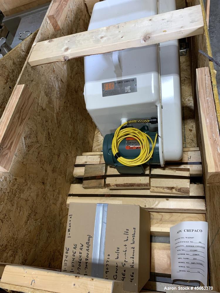 Unused- FEC Food Engineering Corp X-Force Horzonital Motion Conveyor, 304 Stainless Steel. Approximately 21" wide x 12' long pan. Driven by a 1hp, 3/60/230/460 volt, 1200 rpm drive motor. Equip# CY-1...