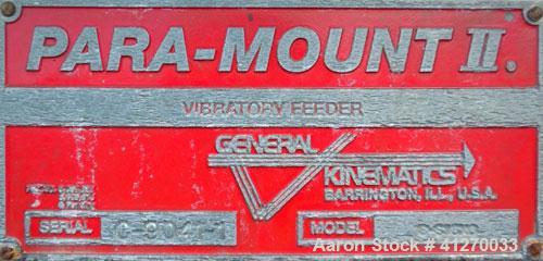 Used General Kinematics Para-Mount II Vibratory Feeder, Model B-616X6, 304 Stainless Steel. 16’’ wide x 72’’ long x 5’’ deep pan. Driven by a (0.36) hp, 3/60/230/460 volt, 1200 rpm motor. 9’’ end bot...
