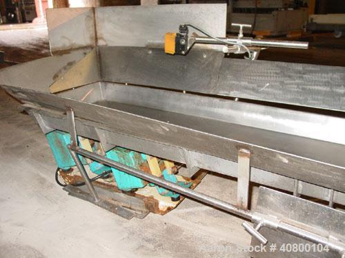 Used H Tech Vibratory Conveyor, stainless steel. 16'' wide x 42'' long x 3'' high sides vibrating pan. Syntron speed controller. Mounted on a carbon steel base.