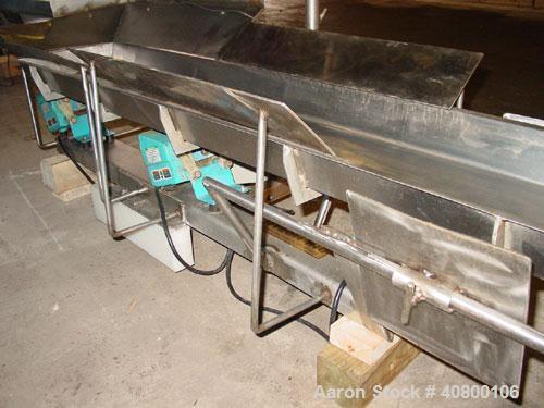 Used H Tech Vibratory Conveyor, Stainless Steel. 10-1/2'' Wide x 74'' long x 3'' high sides vibrating pan. Syntron speed controller. Mounted on a carbon steel base.