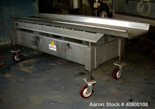 Used Key Technology ISO-FLO Vibratory Conveyor, model 430634-1, 304 stainless steel. Maximum stroke approximately 8". 24" wide x 108" long x 4" deep conveyor pan. End discharge. Driven by an approxim...