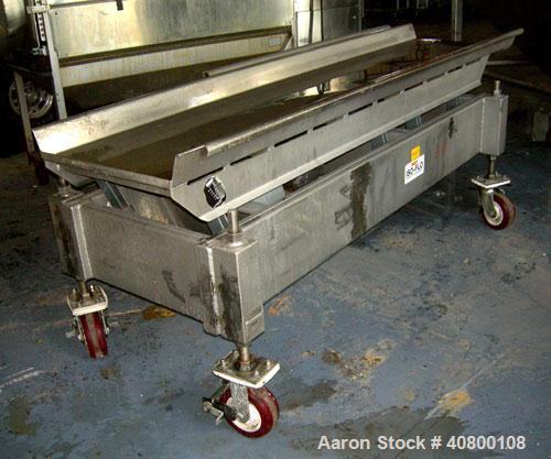 Used Key Technology ISO-FLO Vibratory Conveyor, model 430634-1, 304 stainless steel. Maximum stroke approximately 8". 24" wide x 108" long x 4" deep conveyor pan. End discharge. Driven by an approxim...