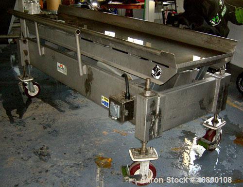 Used Key Technology ISO-FLO Vibratory Conveyor, model 430634-1, 304 stainless steel. Maximum stroke approximately 8". 24" wide x 108" long x 4" deep conveyor pan. End discharge. Driven by an approxim...