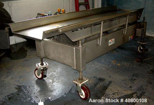 Used Key Technology ISO-FLO Vibratory Conveyor, model 430634-1, 304 stainless steel. Maximum stroke approximately 8". 24" wide x 108" long x 4" deep conveyor pan. End discharge. Driven by an approxim...