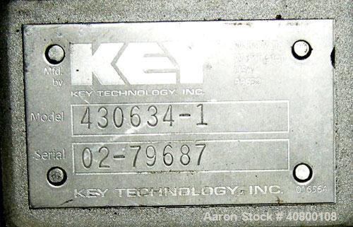 Used Key Technology ISO-FLO Vibratory Conveyor, model 430634-1, 304 stainless steel. Maximum stroke approximately 8". 24" wide x 108" long x 4" deep conveyor pan. End discharge. Driven by an approxim...