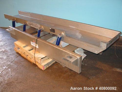 Used Key Technology ISO-FLO Vibratory Conveyor, Model 435535.1, 304 stainless steel. Maximum stroke approximately 7 1/2". Conveyor pan 5" deep, 18" wide x 120" long. Side end feed section, end discha...
