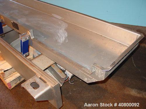 Used Key Technology ISO-FLO Vibratory Conveyor, Model 435535.1, 304 stainless steel. Maximum stroke approximately 7 1/2". Conveyor pan 5" deep, 18" wide x 120" long. Side end feed section, end discha...