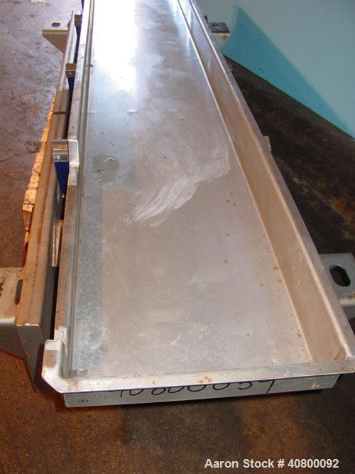 Used Key Technology ISO-FLO Vibratory Conveyor, Model 435535.1, 304 stainless steel. Maximum stroke approximately 7 1/2". Conveyor pan 5" deep, 18" wide x 120" long. Side end feed section, end discha...