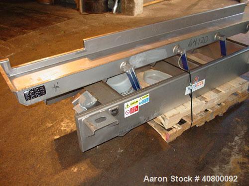 Used Key Technology ISO-FLO Vibratory Conveyor, Model 435535.1, 304 stainless steel. Maximum stroke approximately 7 1/2". Conveyor pan 5" deep, 18" wide x 120" long. Side end feed section, end discha...