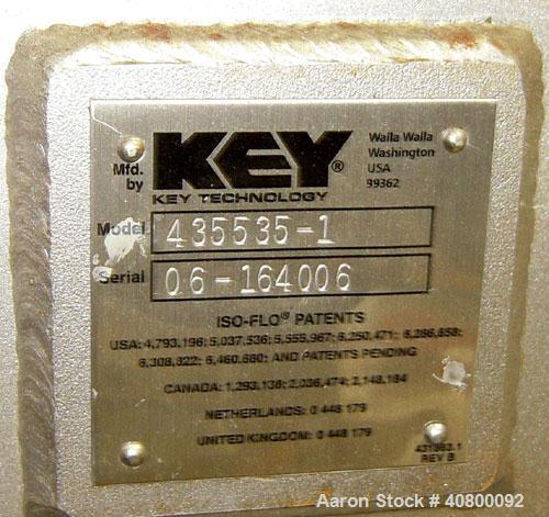 Used Key Technology ISO-FLO Vibratory Conveyor, Model 435535.1, 304 stainless steel. Maximum stroke approximately 7 1/2". Conveyor pan 5" deep, 18" wide x 120" long. Side end feed section, end discha...