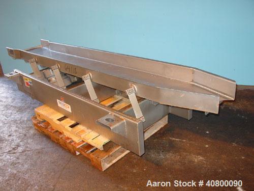 Used Key Technology ISO-FLO Vibratory Conveyor, Model 435541.1, 304 stainless steel. Maximum stroke approximately 8". Conveyor pan 5" deep, end feed section 21" wide x 10" long, middle section 18" wi...