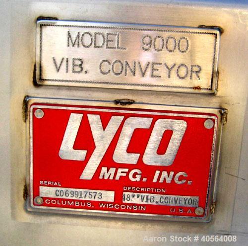 Used Lyco model 9000 vibratory conveyor 40 inches wide x 10 feet long, last used for pouches.