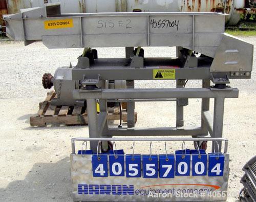 Used Meyer Machine vibratory conveyor, model AFN-1660-120, 304 stainless steel. Pan 16" wide x 60" long x 6" tall sides. End discharge. Driven by a vibratory motor. Mounted on a carbon steel base ont...