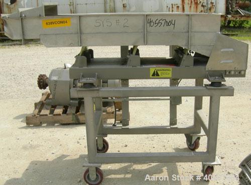 Used Meyer Machine vibratory conveyor, model AFN-1660-120, 304 stainless steel. Pan 16" wide x 60" long x 6" tall sides. End discharge. Driven by a vibratory motor. Mounted on a carbon steel base ont...