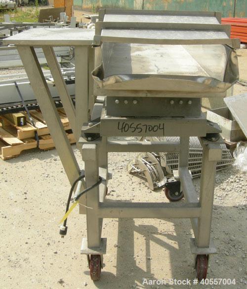 Used Meyer Machine vibratory conveyor, model AFN-1660-120, 304 stainless steel. Pan 16" wide x 60" long x 6" tall sides. End discharge. Driven by a vibratory motor. Mounted on a carbon steel base ont...