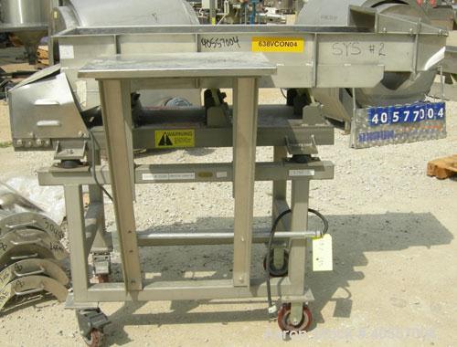 Used Meyer Machine vibratory conveyor, model AFN-1660-120, 304 stainless steel. Pan 16" wide x 60" long x 6" tall sides. End discharge. Driven by a vibratory motor. Mounted on a carbon steel base ont...