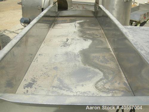 Used Meyer Machine vibratory conveyor, model AFN-1660-120, 304 stainless steel. Pan 16" wide x 60" long x 6" tall sides. End discharge. Driven by a vibratory motor. Mounted on a carbon steel base ont...