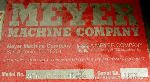 Used Meyer Machine vibratory conveyor, model AFN-1660-120, 304 stainless steel. Pan 16" wide x 60" long x 6" tall sides. End discharge. Driven by a vibratory motor. Mounted on a carbon steel base ont...