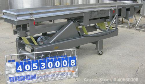 Used Horizontal vibratory conveyor/ screener, 304 stainless steel. Approximately 17" wide x 133' long, double clamp in deck, 3 separation. Top deck 84" long section with 1/4" screen holes, bottom dec...