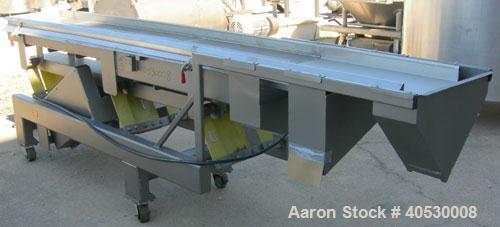 Used Horizontal vibratory conveyor/ screener, 304 stainless steel. Approximately 17" wide x 133' long, double clamp in deck, 3 separation. Top deck 84" long section with 1/4" screen holes, bottom dec...