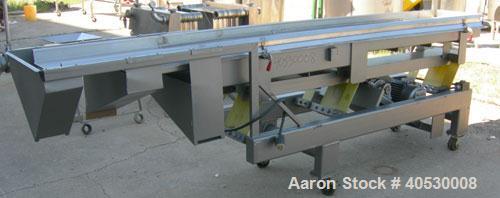 Used Horizontal vibratory conveyor/ screener, 304 stainless steel. Approximately 17" wide x 133' long, double clamp in deck, 3 separation. Top deck 84" long section with 1/4" screen holes, bottom dec...