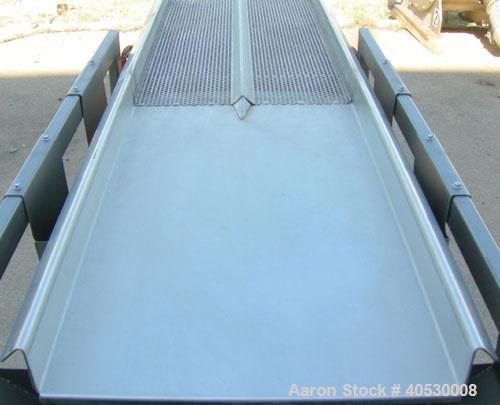 Used Horizontal vibratory conveyor/ screener, 304 stainless steel. Approximately 17" wide x 133' long, double clamp in deck, 3 separation. Top deck 84" long section with 1/4" screen holes, bottom dec...