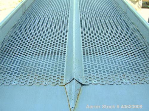 Used Horizontal vibratory conveyor/ screener, 304 stainless steel. Approximately 17" wide x 133' long, double clamp in deck, 3 separation. Top deck 84" long section with 1/4" screen holes, bottom dec...