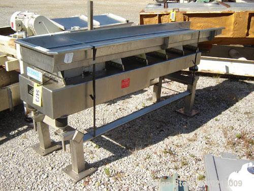 Used Smalley Stainless Vibrating Conveyor. 18" wide x 8' long, 4" deep pan. All stainless steel food grade construction. End discharge height is 35" above ground. Electro-magnetic drive.