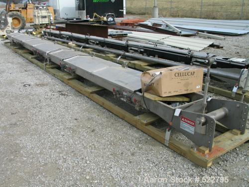 USED: 24" wide x 30' long x 8" deep vibrating conveyor, "slip-stick"design, manufactured by Triple S Dynamics. 304 stainless steel contact, model HDC-8/2.0/LH. Hinged cover. Air actuated slide valves...