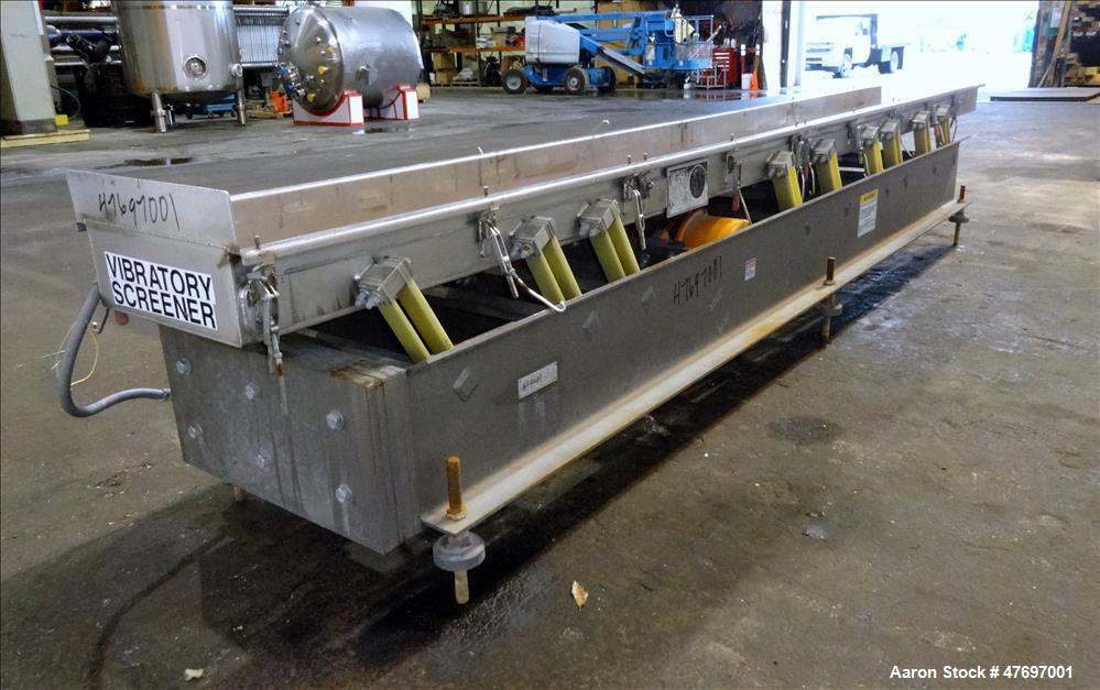 Used Triple S Dynamics Vibrating Conveyor, Model RLEB-18, 304 Stainless Steel. Approximate 18" wide x 166" long x 6" deep pan. Driven by a 1.2hp, 3/60/230/460 volt, 900 rpm vibratory motor. Mounted o...