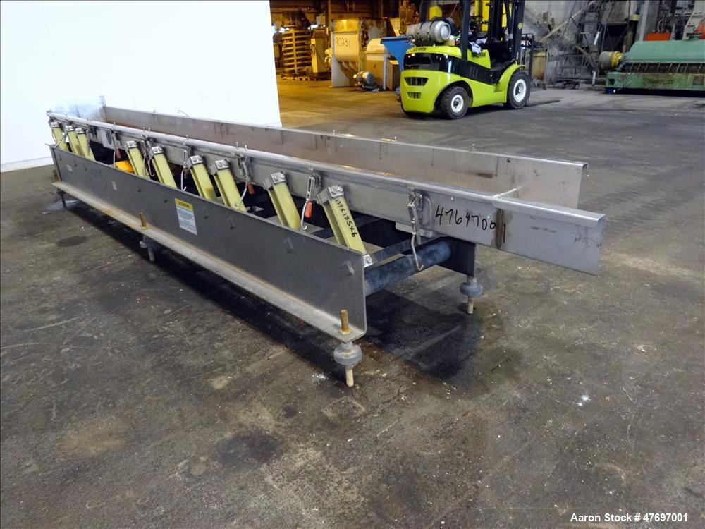 Used Triple S Dynamics Vibrating Conveyor, Model RLEB-18, 304 Stainless Steel. Approximate 18" wide x 166" long x 6" deep pan. Driven by a 1.2hp, 3/60/230/460 volt, 900 rpm vibratory motor. Mounted o...