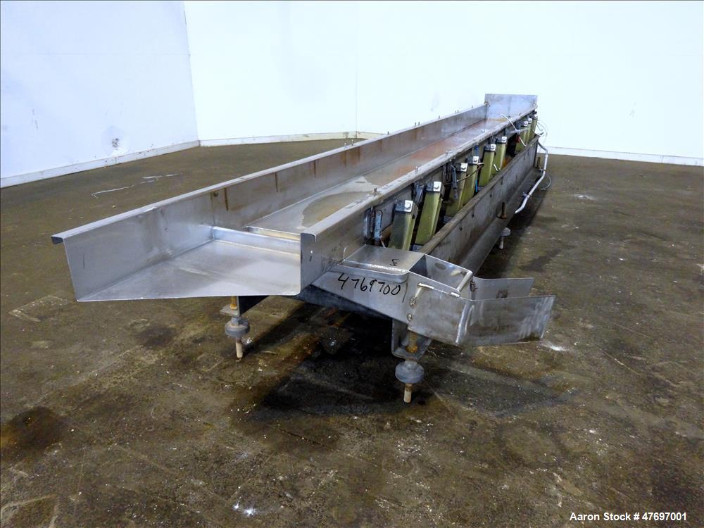 Used Triple S Dynamics Vibrating Conveyor, Model RLEB-18, 304 Stainless Steel. Approximate 18" wide x 166" long x 6" deep pan. Driven by a 1.2hp, 3/60/230/460 volt, 900 rpm vibratory motor. Mounted o...