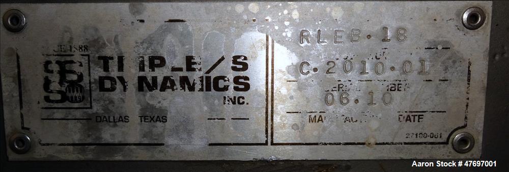 Used Triple S Dynamics Vibrating Conveyor, Model RLEB-18, 304 Stainless Steel. Approximate 18" wide x 166" long x 6" deep pan. Driven by a 1.2hp, 3/60/230/460 volt, 900 rpm vibratory motor. Mounted o...
