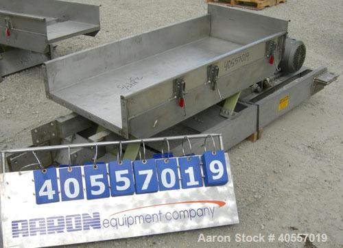 Used Cardwell vibratory conveyor, model VC-1659, 304 stainless steel. 24" wide x 131" long x 6 3/4" tall sides. 6" end bottom outlet, 15" long end overs section. Driven by a 5 hp, 3/60/575 volt, 1160...