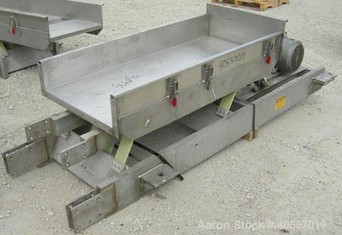 Used Cardwell vibratory conveyor, model VC-1659, 304 stainless steel. 24" wide x 131" long x 6 3/4" tall sides. 6" end bottom outlet, 15" long end overs section. Driven by a 5 hp, 3/60/575 volt, 1160...