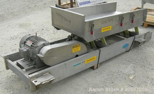 Used Cardwell vibratory conveyor, model VC-1659, 304 stainless steel. 24" wide x 131" long x 6 3/4" tall sides. 6" end bottom outlet, 15" long end overs section. Driven by a 5 hp, 3/60/575 volt, 1160...