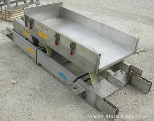 Used Cardwell vibratory conveyor, model VC-1659, 304 stainless steel. 24" wide x 131" long x 6 3/4" tall sides. 6" end bottom outlet, 15" long end overs section. Driven by a 5 hp, 3/60/575 volt, 1160...
