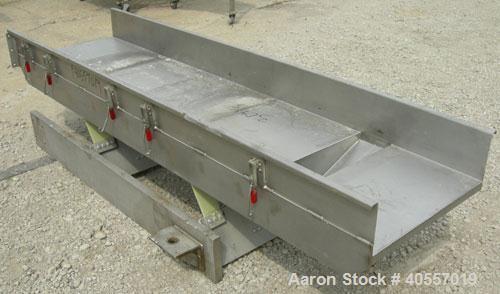 Used Cardwell vibratory conveyor, model VC-1659, 304 stainless steel. 24" wide x 131" long x 6 3/4" tall sides. 6" end bottom outlet, 15" long end overs section. Driven by a 5 hp, 3/60/575 volt, 1160...