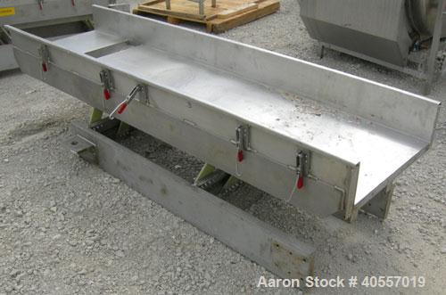 Used Cardwell vibratory conveyor, model VC-1659, 304 stainless steel. 24" wide x 131" long x 6 3/4" tall sides. 6" end bottom outlet, 15" long end overs section. Driven by a 5 hp, 3/60/575 volt, 1160...