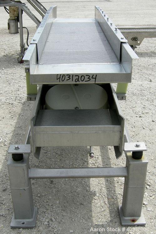 Used Meyer Machine Vibraflex II vibratory conveyor, model VF11-18-8, 304 stainless steel. 18" wide x 92" long x 4 1/2" tall sides. 60" long 1/4" hole screen area, end fines and overs discharge. Drive...