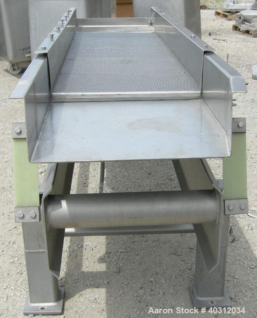 Used Meyer Machine Vibraflex II vibratory conveyor, model VF11-18-8, 304 stainless steel. 18" wide x 92" long x 4 1/2" tall sides. 60" long 1/4" hole screen area, end fines and overs discharge. Drive...